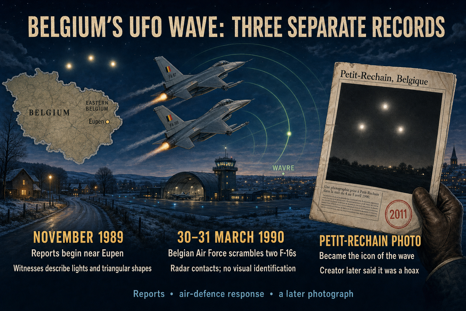 Editorial infographic dividing the Belgian UFO wave into three records: reports beginning near Eupen in November 1989, the March 1990 Belgian Air Force F-16 response with radar contacts but no visual identification, and the later Petit-Rechain photo whose creator said it was a hoax in 2011.