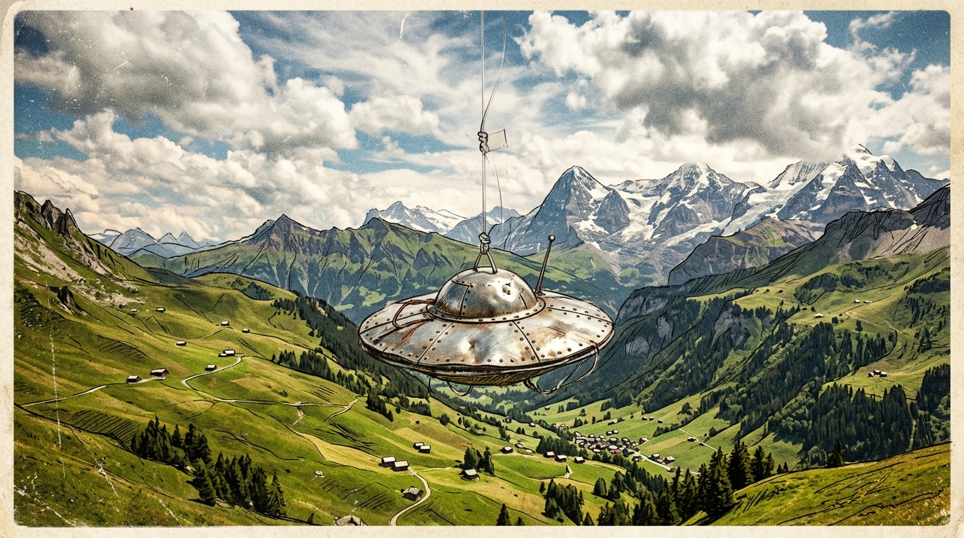 Editorial sketch-style illustration showing a model saucer hanging from a line over Swiss green hills, in the style of Billy Meier's 1970s UFO photos.