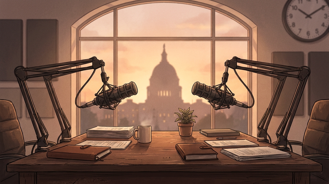 Editorial illustration of two podcast microphones facing each other across a wooden desk, with a Capitol-dome silhouette visible through a window behind them, late-afternoon light.