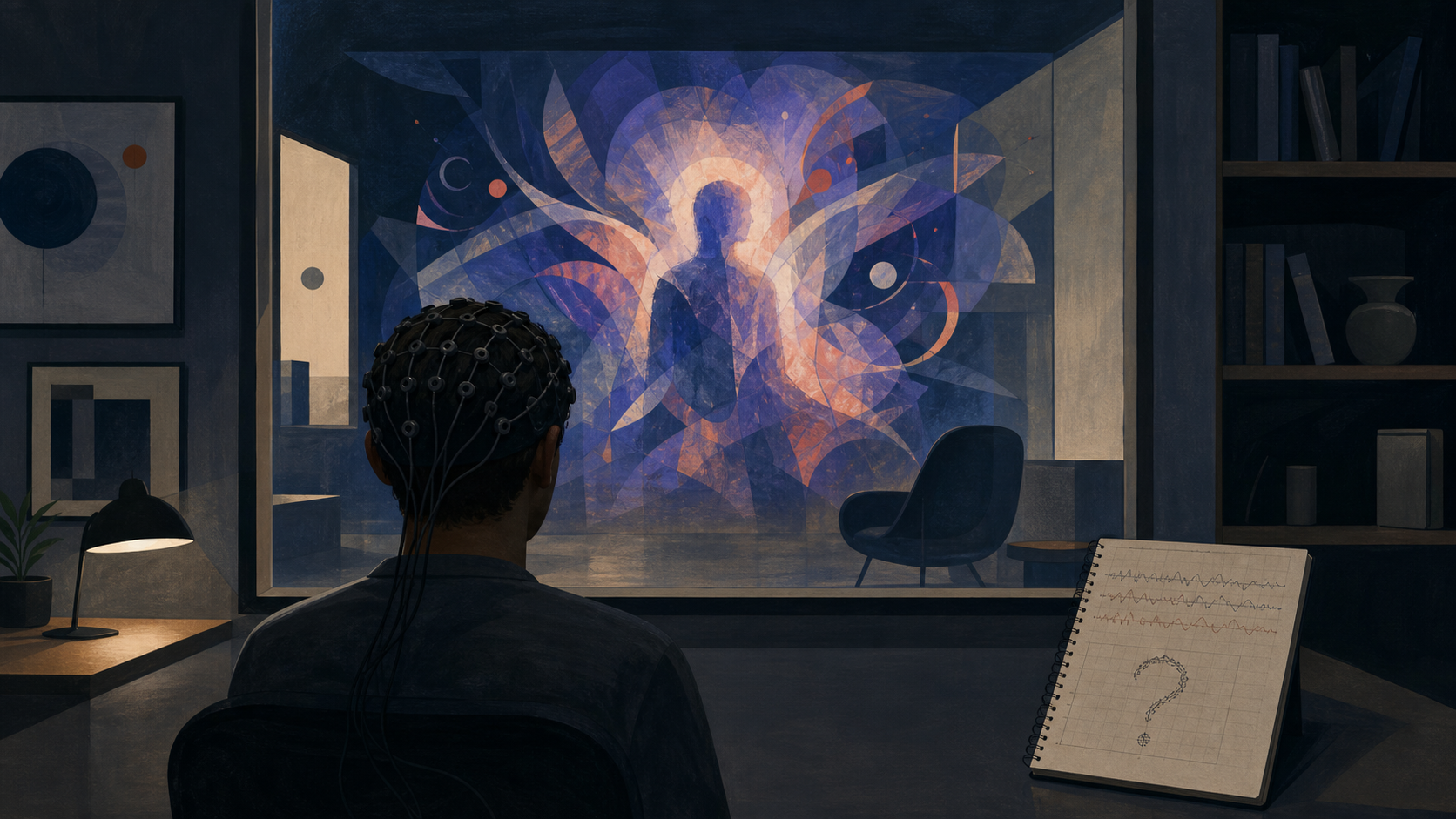 Editorial illustration of an anonymous research participant wearing an EEG cap while an abstract human-like pattern appears beyond an observation window.