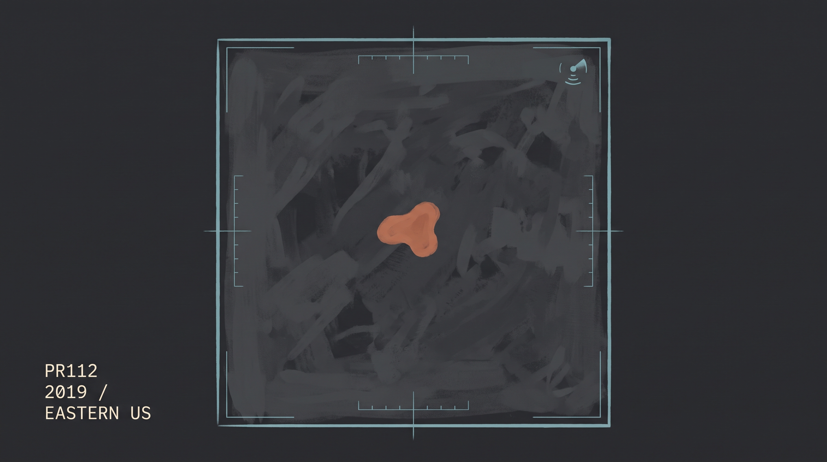 AI-generated editorial illustration. A clean top-down editorial composition: an infrared sensor field of view in deep charcoal with a single small area of contrast near the center, a thin sensor display frame in muted cyan, and a single short annotation line at the lower left reading 'PR112 / 2019 / EASTERN US' in clean monospace. Mid-Century-Modern painted execution with soft brush strokes, documentary tone. Muted palette of charcoal, muted cyan, off-white, single small accent of warm rust. No people, faces, microphones, wood-and-leather props, vintage investigator-desk elements, or recognisable real-world sensor imagery.