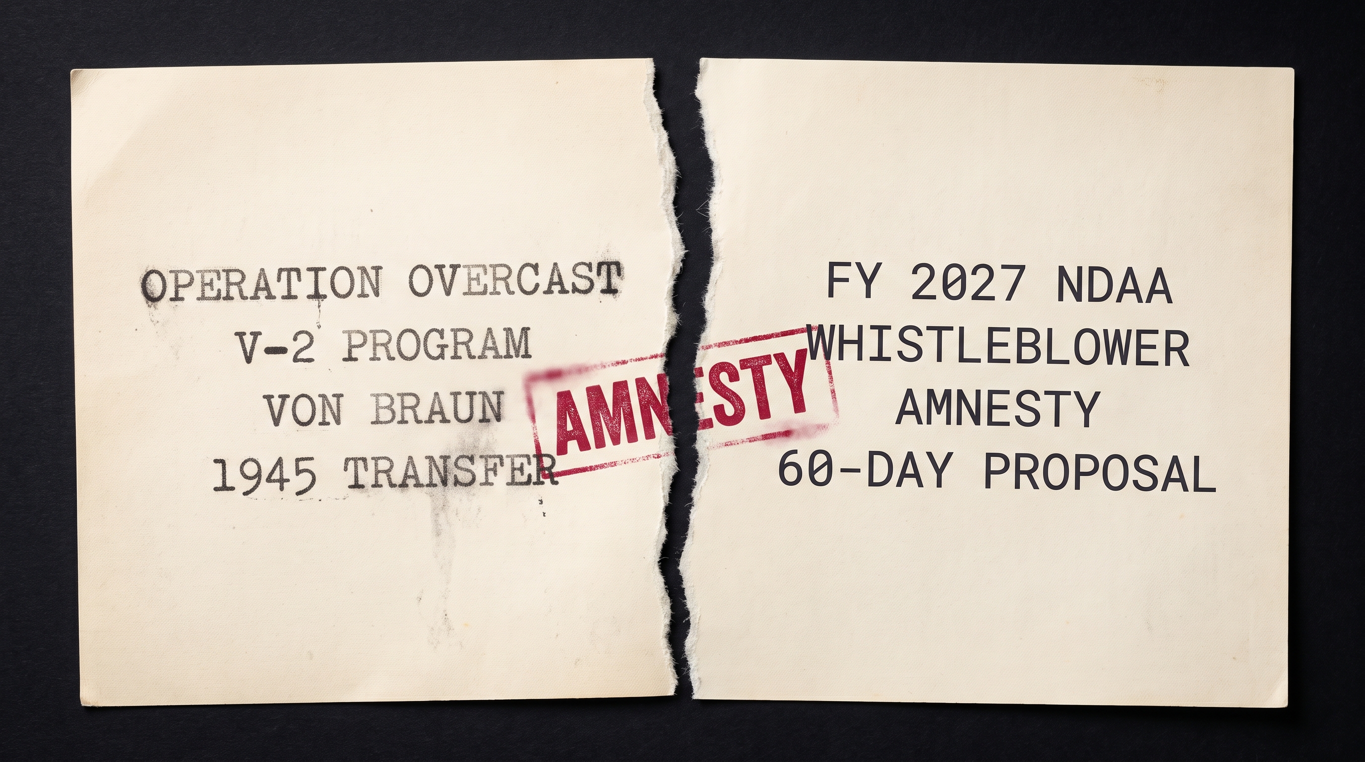 Photorealistic documentary press photograph. A single sheet of cream paper, sharply torn vertically down the middle with a jagged fibrous tear edge, lying flat on a dark near-black surface. The left half carries typewritten 1940s-style lines: 'OPERATION OVERCAST,' 'V-2 PROGRAM,' 'VON BRAUN,' '1945 TRANSFER.' The right half carries clean 2020s monospace lines: 'FY 2027 NDAA,' 'WHISTLEBLOWER,' 'AMNESTY,' '60-DAY PROPOSAL.' A real-looking crimson rubber-stamp impression reading 'AMNESTY' sits across the torn seam, half on each half, with realistic ink unevenness. The image is constructed to look like an investigative photograph of a torn document; it is not a photograph of any real document, person, or workspace.