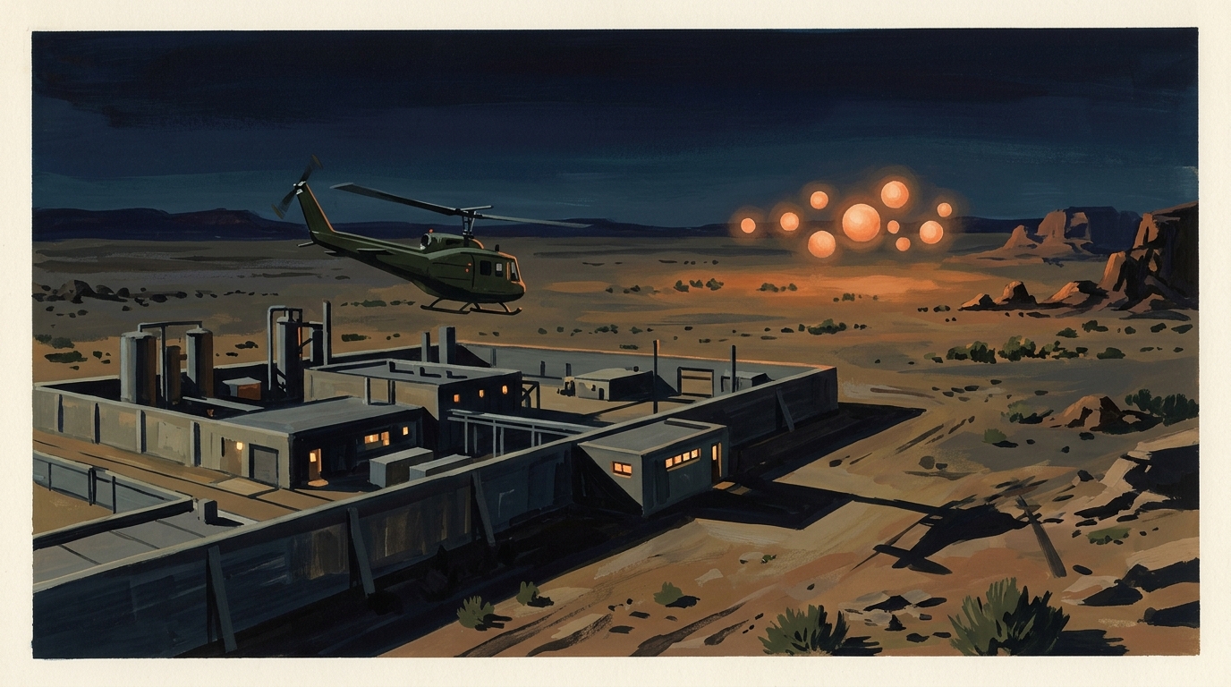 Editorial illustration of a military helicopter flying over a desert facility under night skies, with glowing orange spheres visible in the distance.