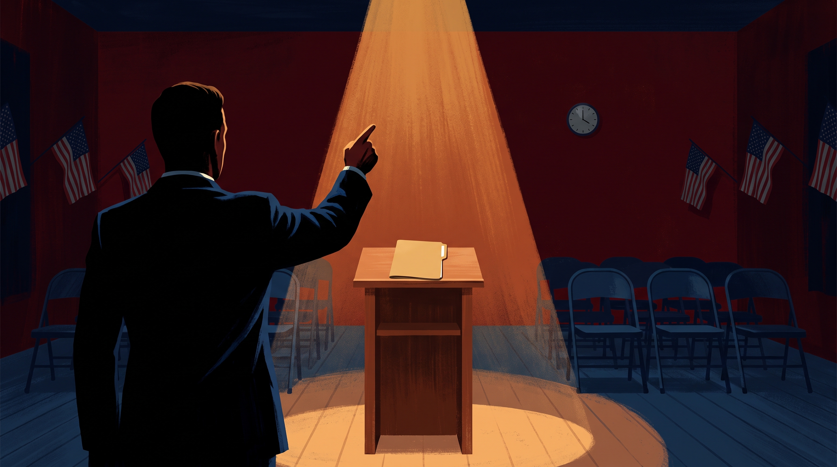Editorial illustration of a 1960s panel-stage set-up: a single wooden lectern in a long line, a closed manila folder on top, two empty wooden chairs on the panel side, a tall standing lamp at one end, a small American flag at the other, and a half-empty room of folding chairs facing it.