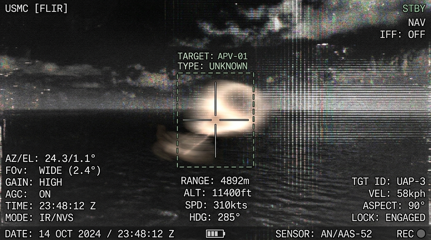 Editorial illustration of an infrared military FLIR sensor display tracking a teardrop-shaped object with a vertical pole suspended beneath it over the Gulf of Oman.