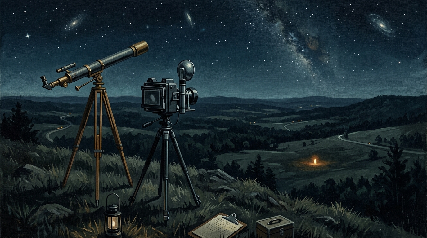 Editorial illustration of a vintage telescope and a camera on tripods positioned on a dark rural hillside overlooking Missouri valleys under a starry night sky, with a small unexplained warm light in the distance.