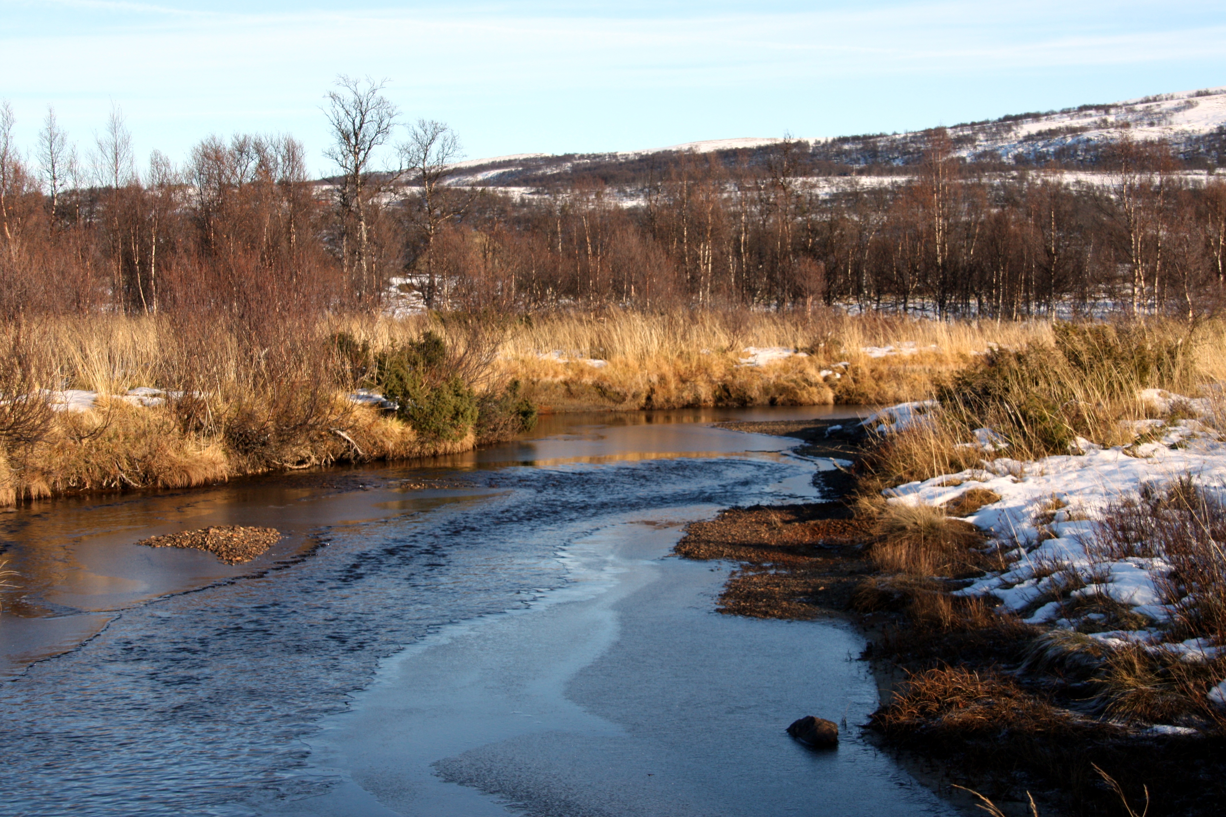 The partially frozen river by Hessjøen in the Hessdalen area of central Norway, with birch woodland and snow-covered hills behind it.