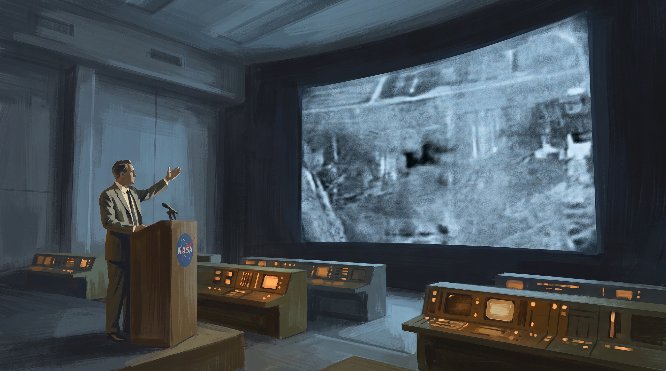 Editorial illustration of a NASA official reviewing unexplained imagery in a darkened mission-control setting, with a faint anomalous shape on a screen.