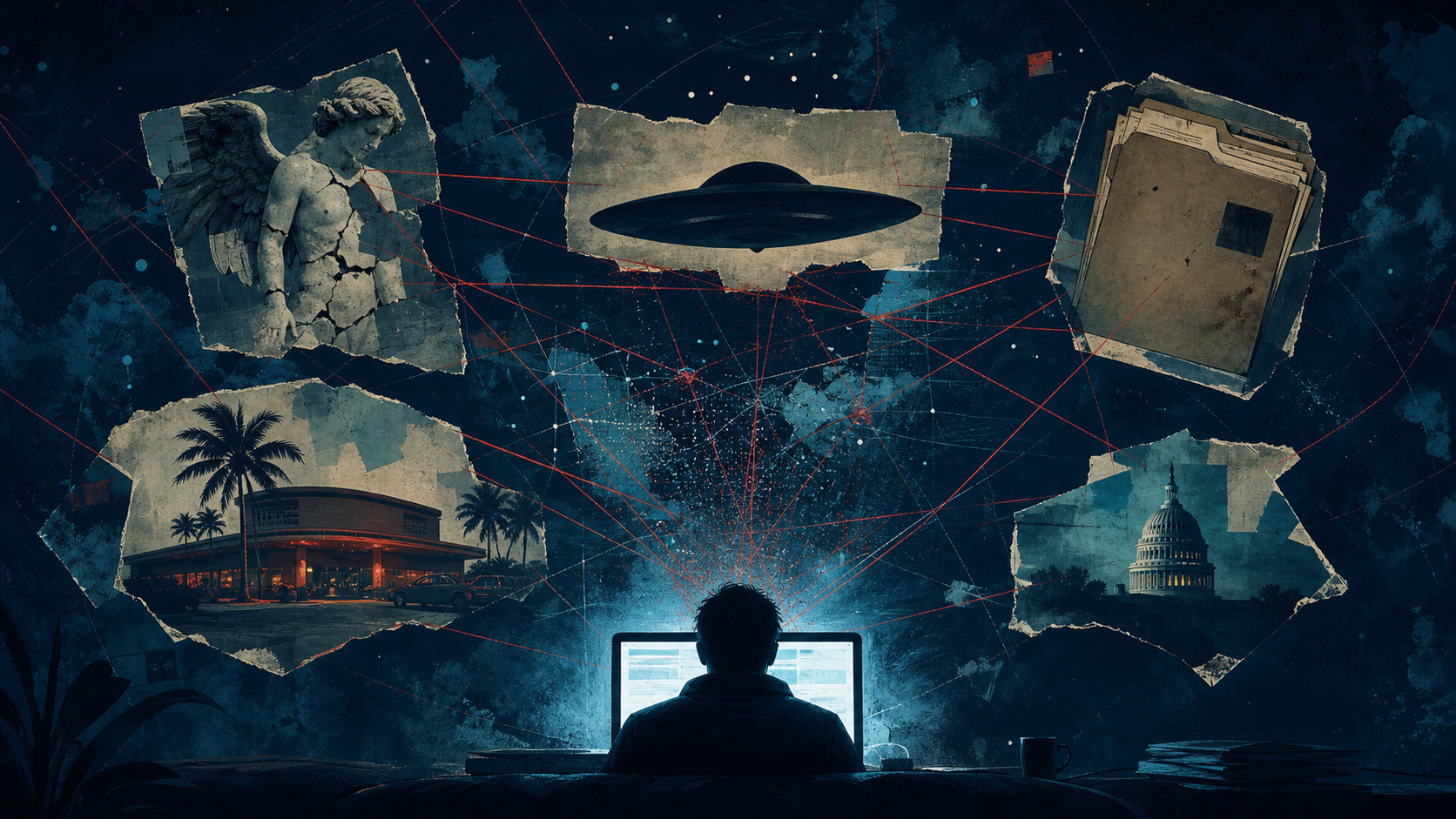 Editorial collage of a silhouetted listener at a laptop beneath a network of red threads joining an angel statue, a saucer silhouette, old files, a tropical building and the Capitol dome.