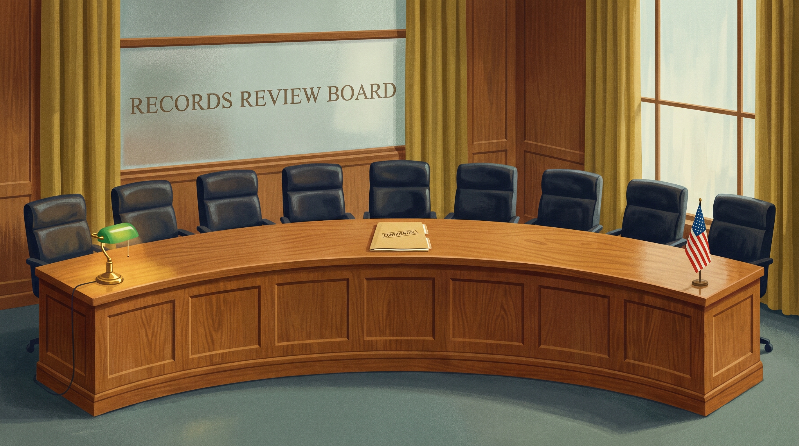 Editorial illustration of a 1960s government hearing room: nine empty leather chairs in a curved row behind a long oak bench, a single closed manila folder on the bench, a brass desk lamp, a small American flag, and a frosted glass transom reading RECORDS REVIEW BOARD.