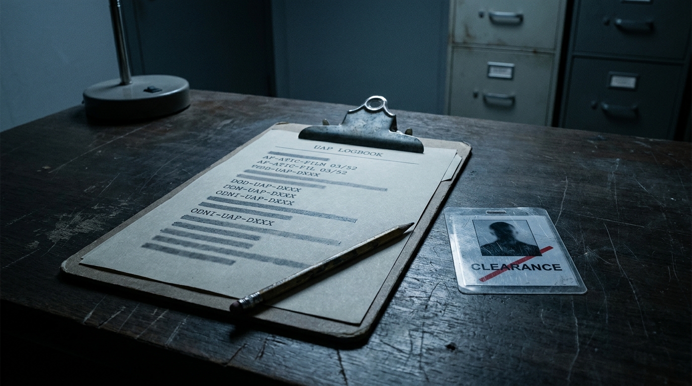 Editorial illustration of a clipboard of requested file names on a desk, with a security-clearance badge set beside it, slightly out of focus.