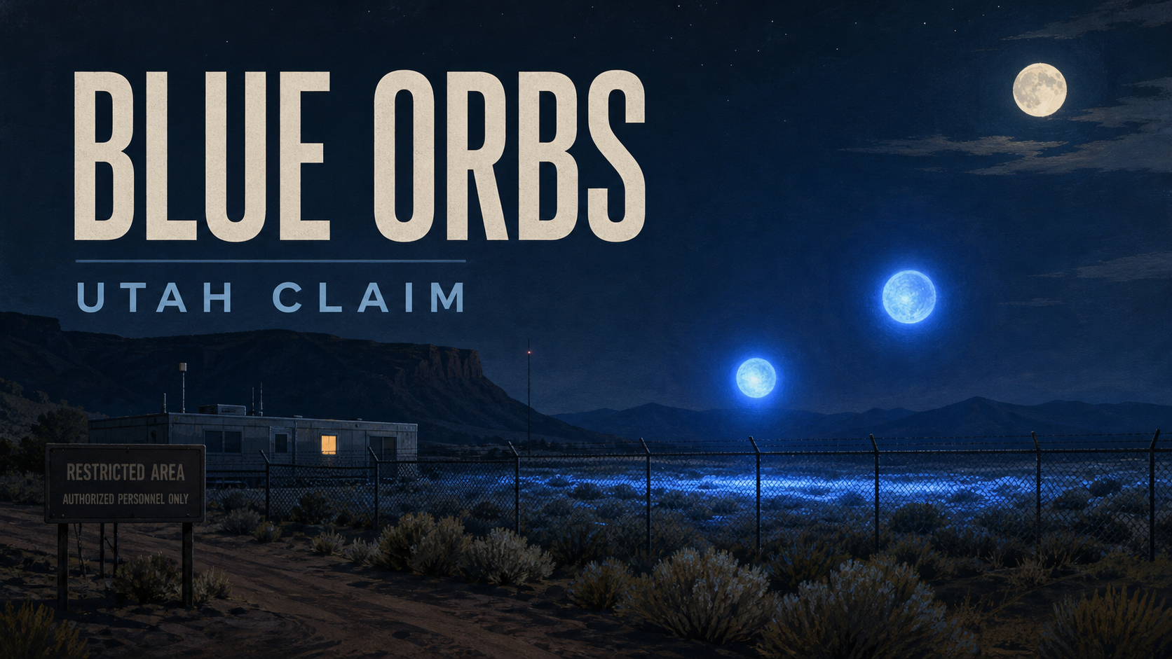 Editorial illustration of two blue orbs above a fenced desert research site at night, with the words Blue Orbs and Utah Claim in the sky.