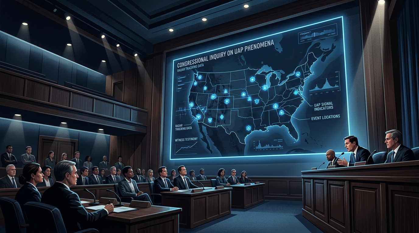 Editorial illustration showing a congressional hearing chamber with a large projection screen displaying a map of the United States with UAP event indicators.