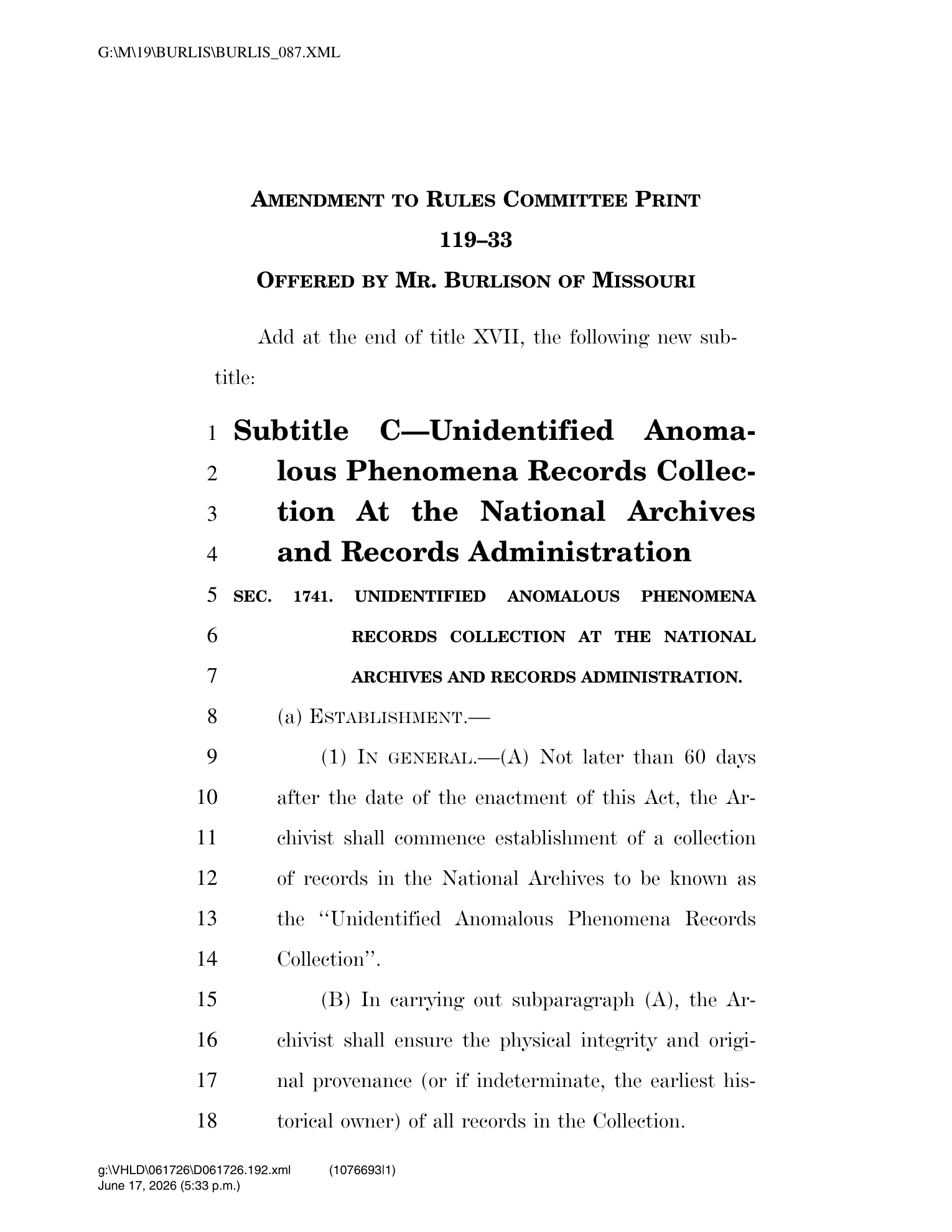 First page of Representative Eric Burlison’s Amendment 1044 to the House FY2027 National Defense Authorization Act, titled “Unidentified Anomalous Phenomena Records Collection at the National Archives and Records Administration.”