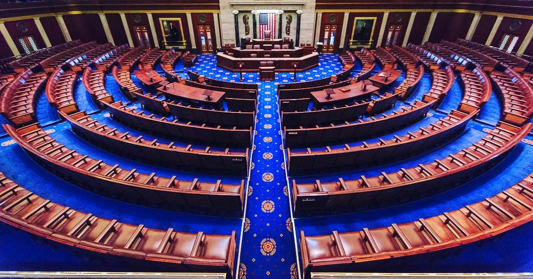 Wide view of the chamber of the United States House of Representatives in the U.S. Capitol.
