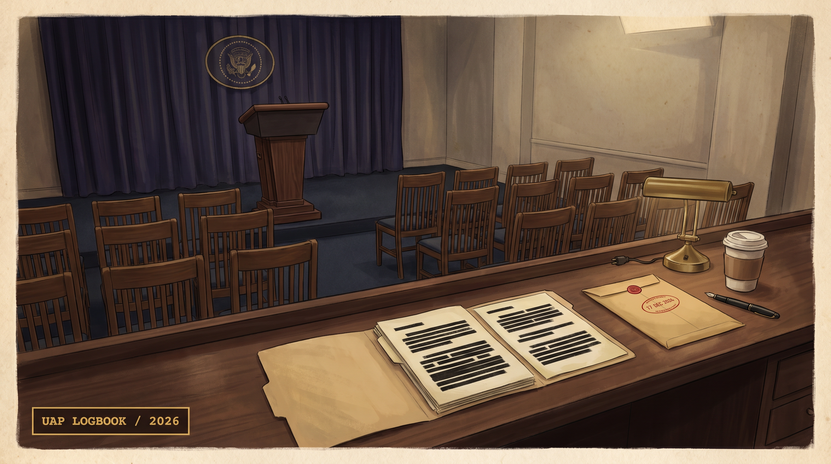Editorial illustration of a White House press briefing room at night, empty podium in front of a blue curtain, three open file folders on the reporter table showing redacted pages, envelope stamped 17 December 2024 beside a paper coffee cup.