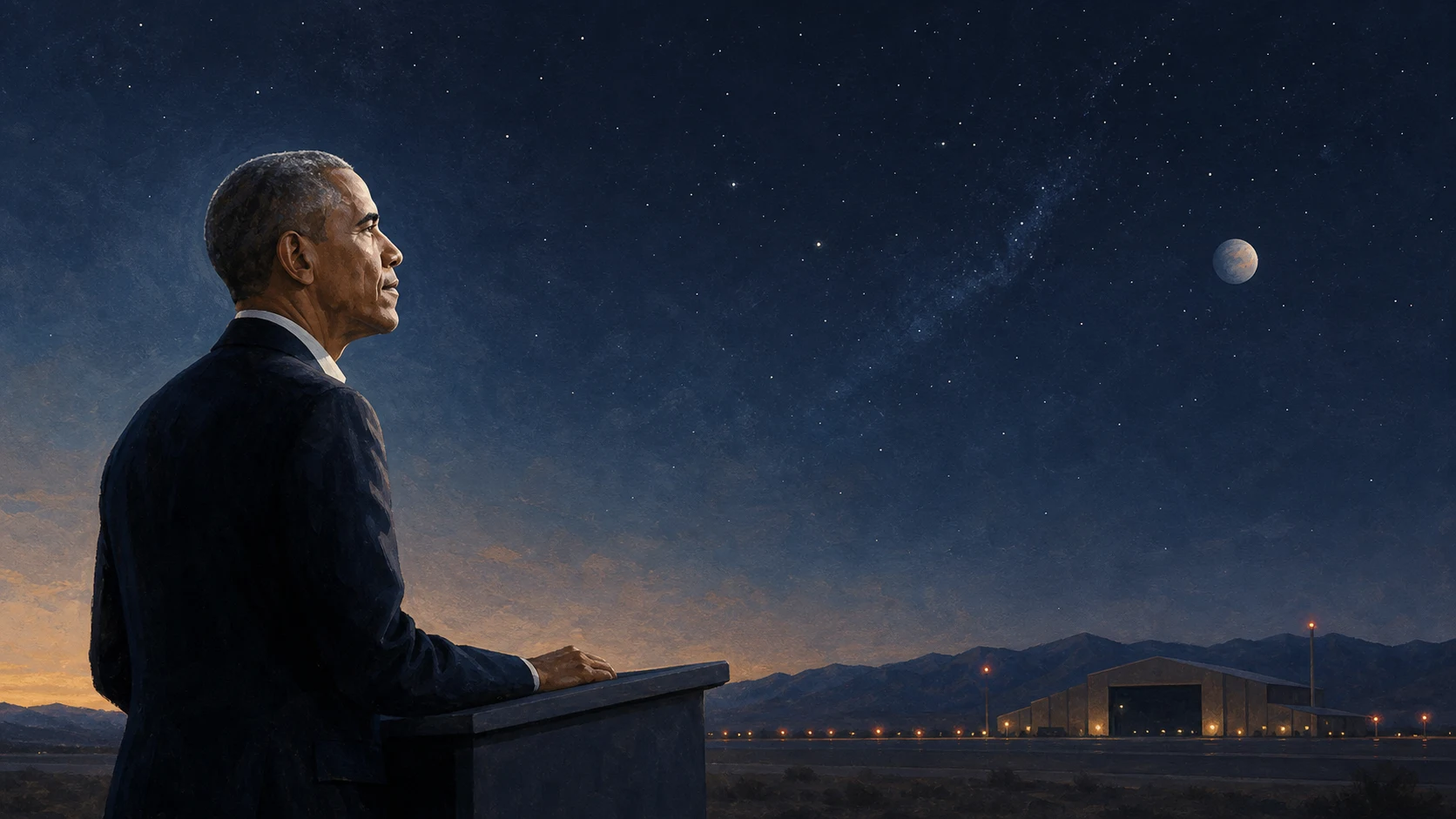 Editorial illustration of Barack Obama at a lectern facing a star-filled sky above a desert test range.
