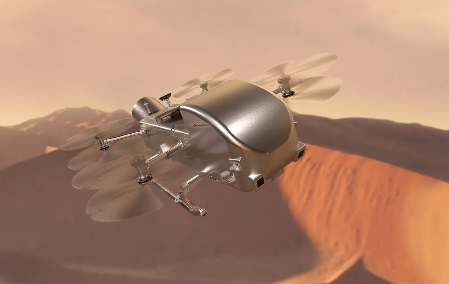 NASA Dragonfly rotorcraft concept art showing the lander flying above Titan's dune-covered organic surface under a thick orange atmosphere.