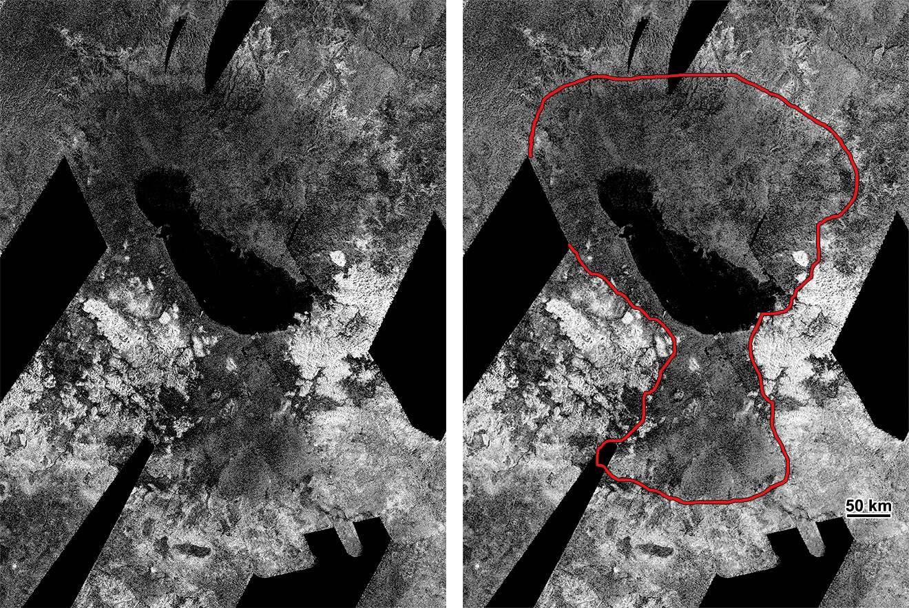 Cassini radar image of Ontario Lacus, the largest lake in the southern hemisphere of Titan, with smooth dark liquid and a footprint roughly the size of Lake Ontario.