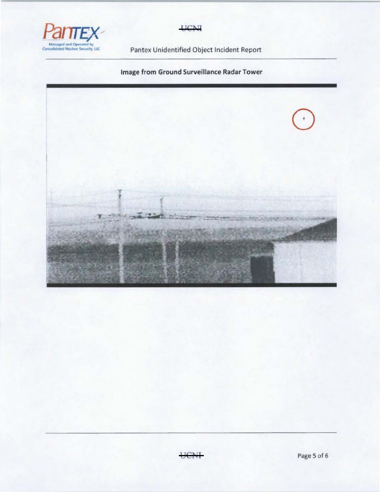Official Pantex Ground Surveillance Radar Tower image from the 2015 unidentified-object incident report, with a small object circled in red.