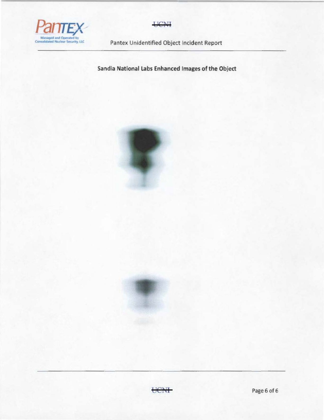 Official Sandia National Laboratories enhanced images of the unidentified object from the 2015 Pantex incident report.