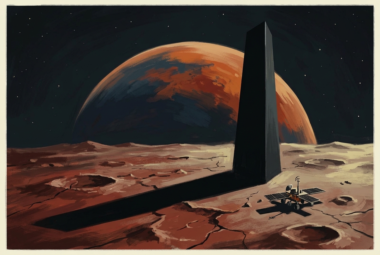 Editorial illustration in Mid-Century-Modern style showing a towering angular monolith casting a long shadow on the potato-shaped Martian moon Phobos, with a small robotic lander nearby.