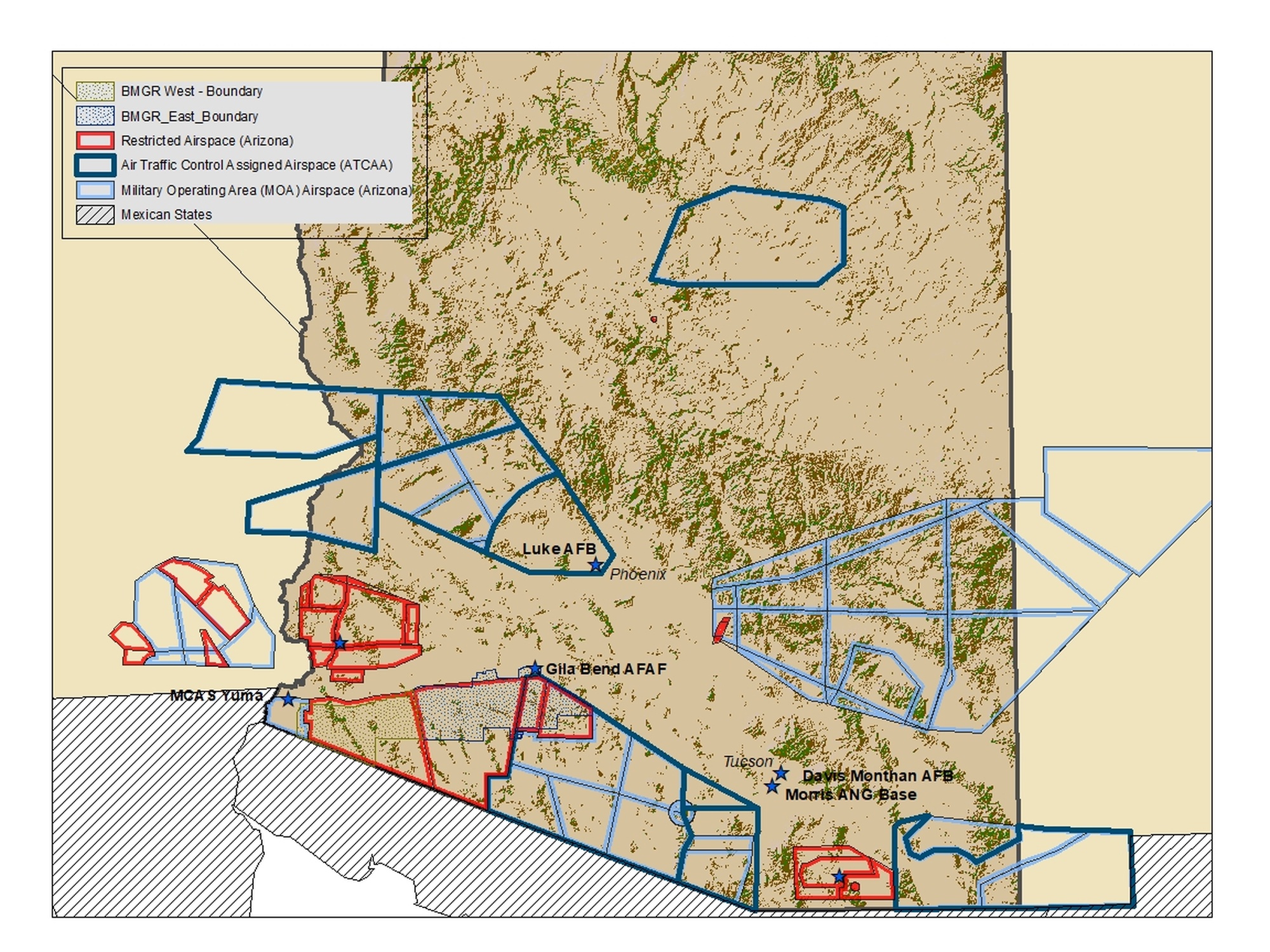 Aeronautical chart of southern Arizona airspace showing the Barry M. Goldwater Range restricted area in red and brown cross-hatching, the Luke Air Force Base Air Traffic Control Assigned Airspace, the Military Operating Areas southeast of Phoenix, and the Gila Bend Air Force Auxiliary Field. Phoenix is at centre, Tucson and Davis-Monthan Air Force Base are in the lower right, and the BMGR sits between Phoenix and the Mexico border.
