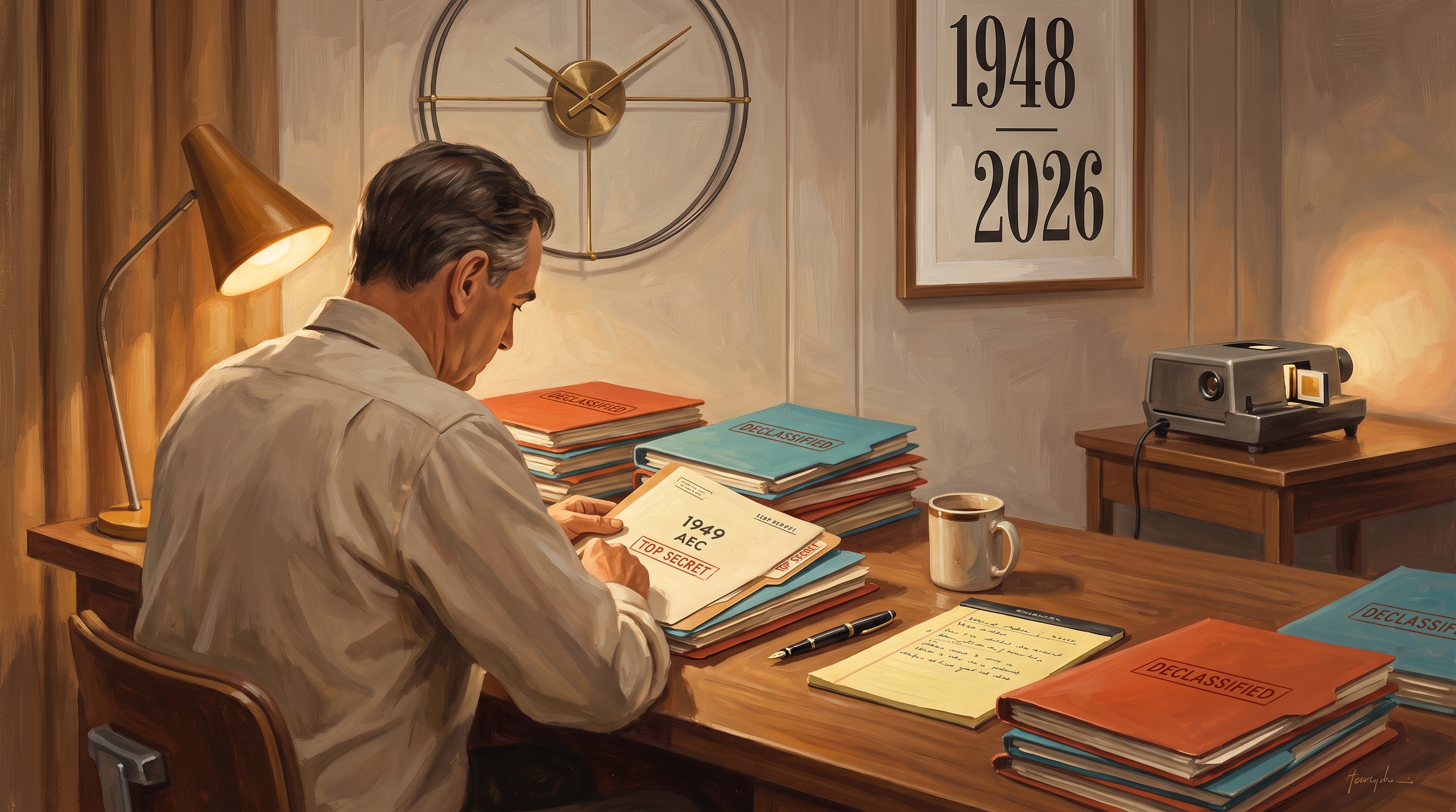Mid-Century-Modern editorial illustration of an archivist at a walnut desk reading declassified UAP files.