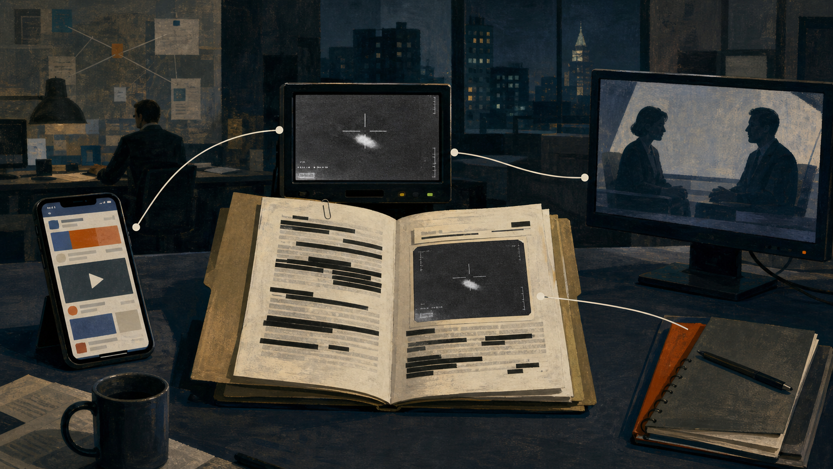 Editorial illustration of an official UAP record moving between a social-media phone, an infrared monitor, and a television interview screen.