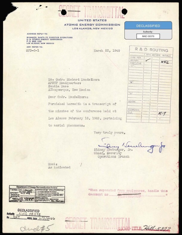Declassified 1949 Atomic Energy Commission transmittal letter concerning the Los Alamos conference on aerial phenomena.