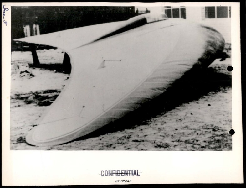 Black-and-white confidential photograph of a delta-wing aircraft prototype reproduced in DOW-UAP-D097, the 1948 Project Sign progress report.