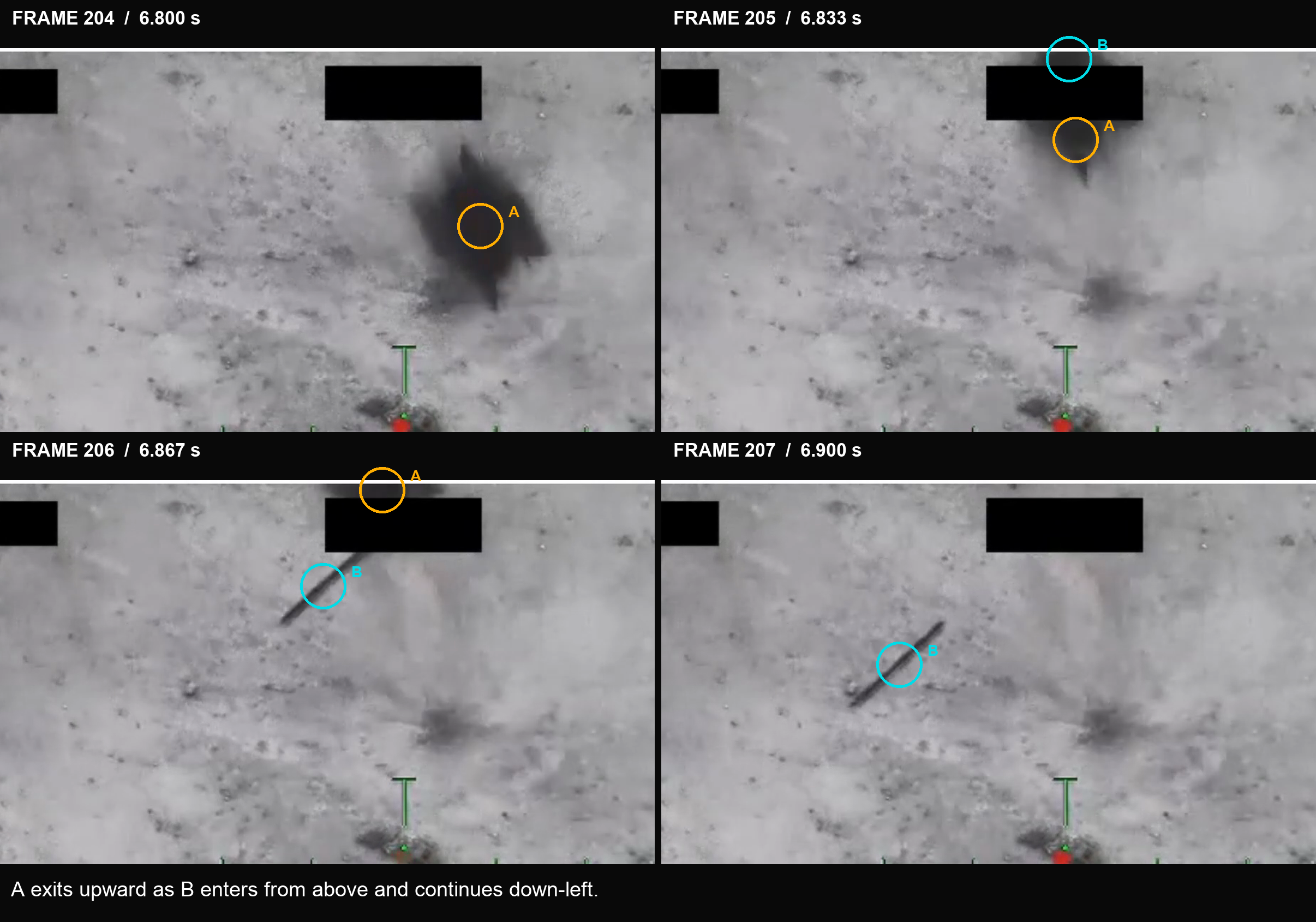 Four enlarged source frames from DOW-UAP-PR030 tracing contrast region A upward and contrast region B down and left.