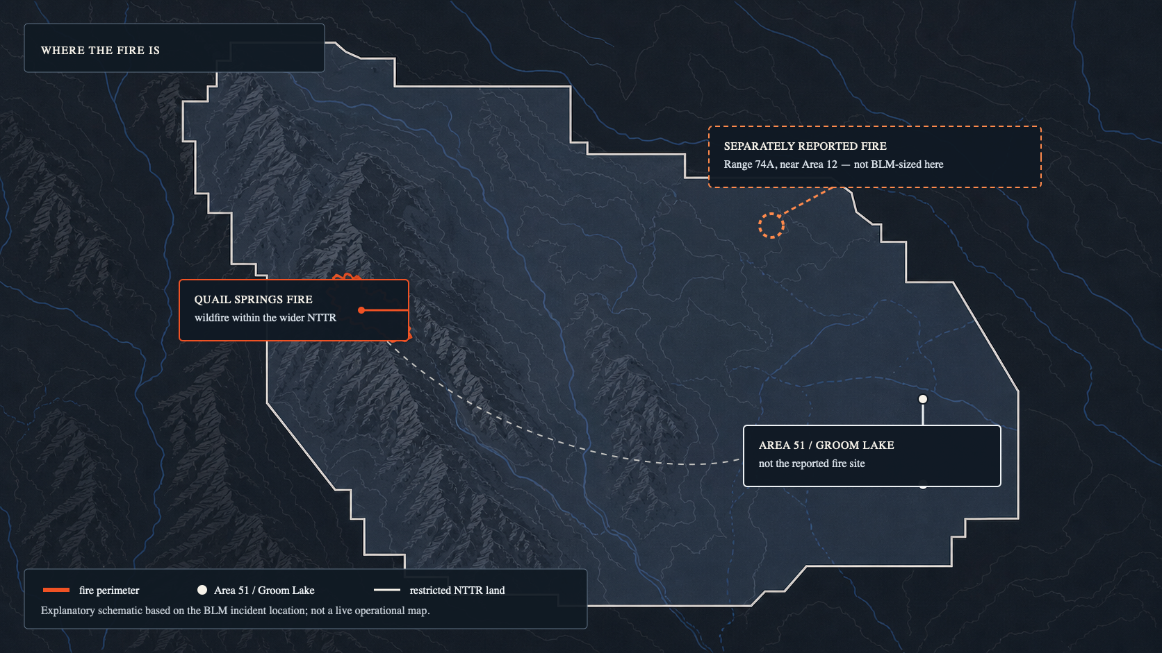 Editorial map graphic locating the Quail Springs Fire, a separately reported fire in Range 74A, and Area 51 within the wider Nevada Test and Training Range.