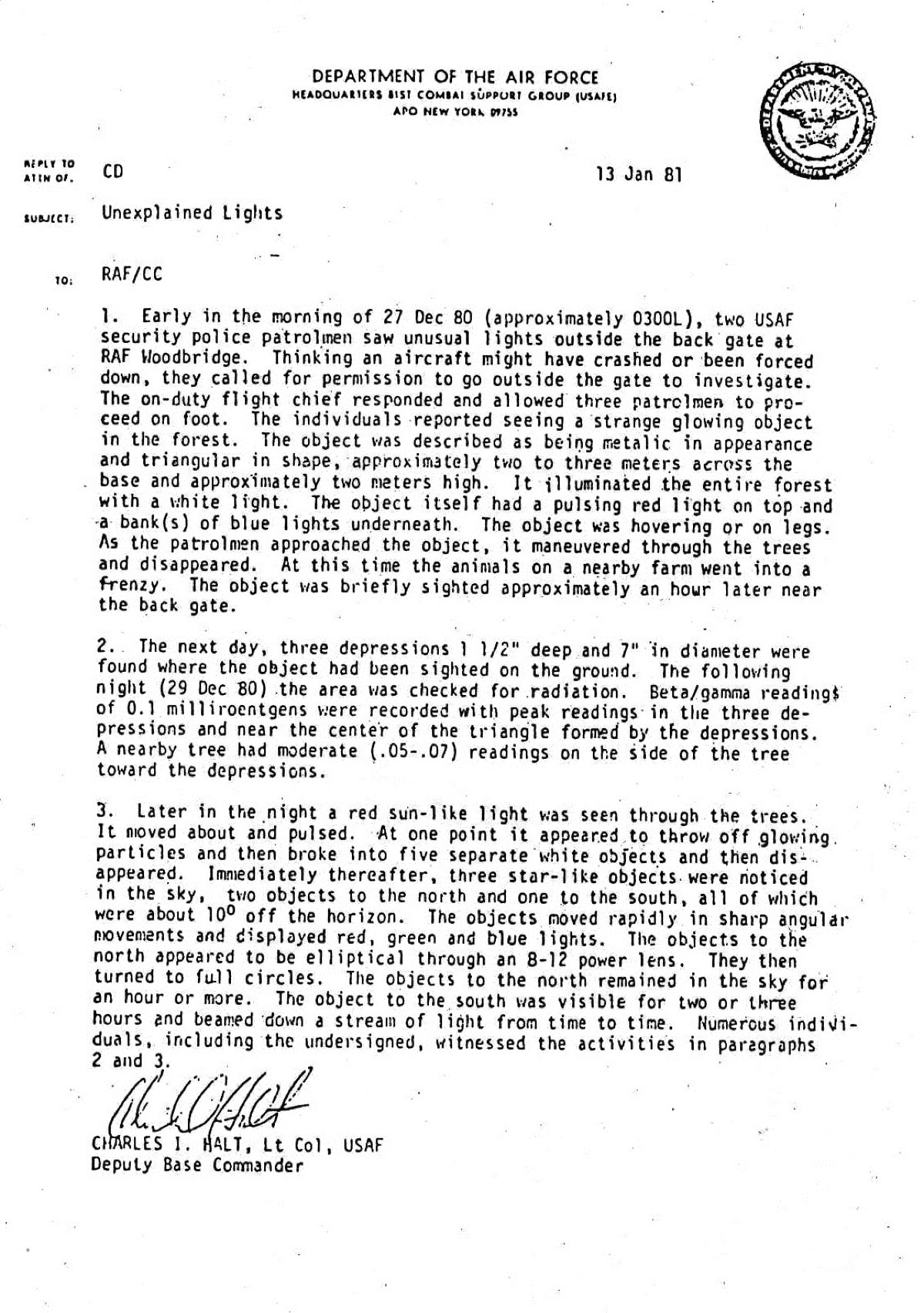 The 13 January 1981 memorandum titled 'Unexplained Lights,' signed by Lieutenant Colonel Charles I. Halt after the Rendlesham Forest incident.