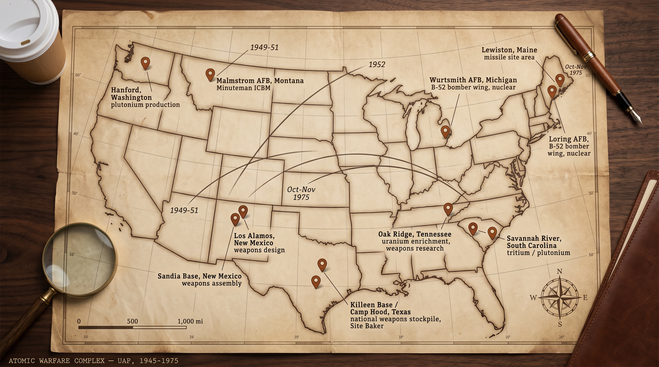 Map of the continental United States with rust-colored pin markers at the ten atomic warfare complex sites used in the SCU 1945–1975 study: Hanford, Los Alamos, Sandia, Oak Ridge, Savannah River, Killeen Base / Camp Hood, Malmstrom, Wurtsmith, Loring, and Lewiston. Arcs connect the four SCU activity peaks: 1949–51, 1952, 1957, and October–November 1975. Compass rose, scale bar, and coordinate grid are visible.