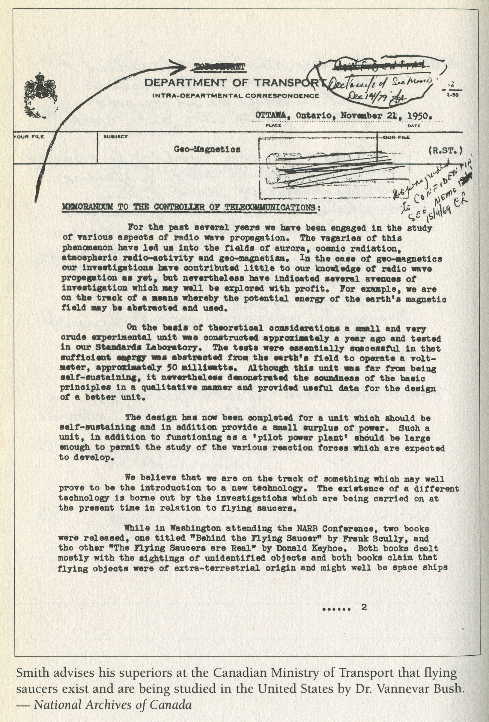 Scan of Wilbert Smith's 21 November 1950 Department of Transport memorandum, marked Top Secret, declassified 14 December 1969. Source: Library and Archives Canada.