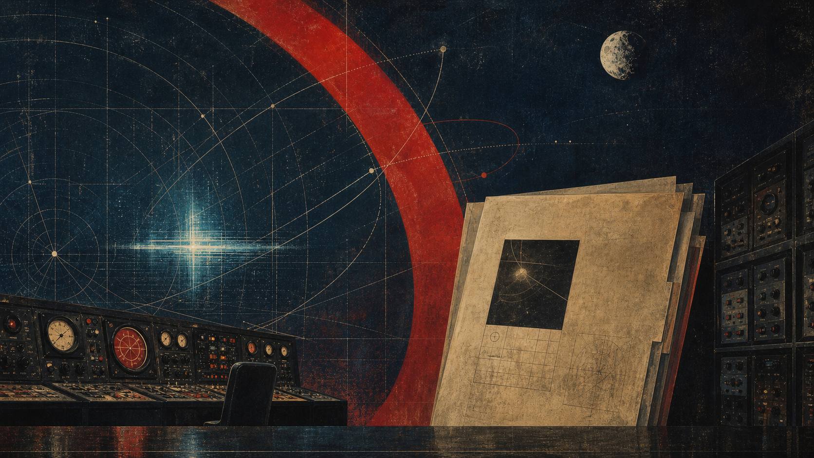 Painted editorial illustration of a dark Soviet-era archive and control-room space, with a crimson orbital arc, a small moon, technical trajectory lines and an ambiguous cyan signal. It is an interpretive illustration, not a historical image or evidence of a UFO.