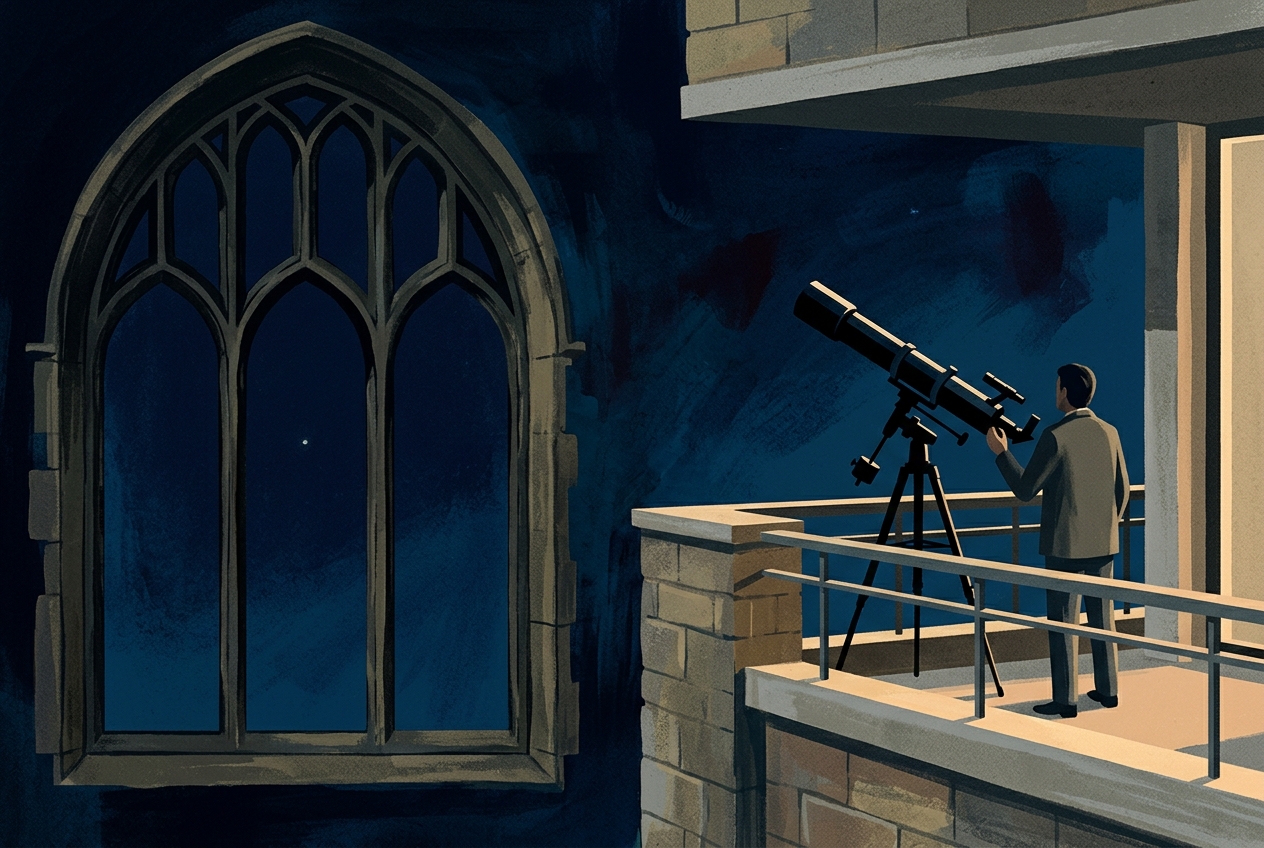 Editorial illustration showing a gothic church window next to a modern sky telescope, with a faint light in the dark sky.