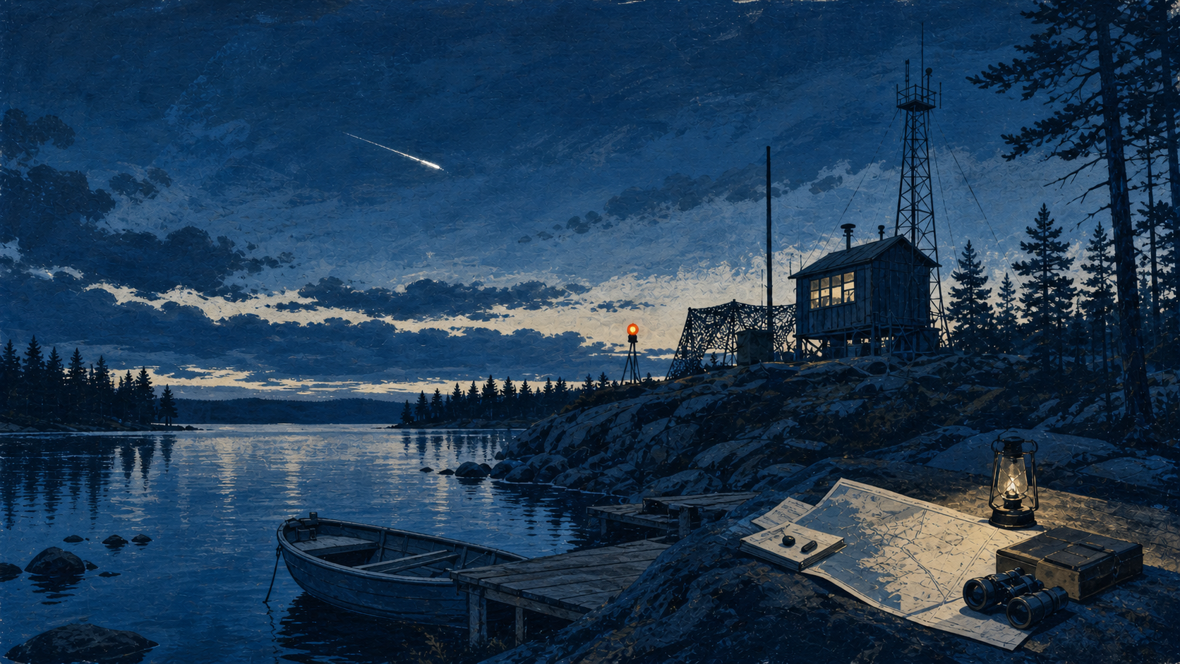 Painted editorial illustration of a 1940s observation station above a Scandinavian lake at blue hour, with a small bright streak in the sky, a rowboat, field map and lantern. It is an interpretive illustration, not a historical image or evidence of a rocket.