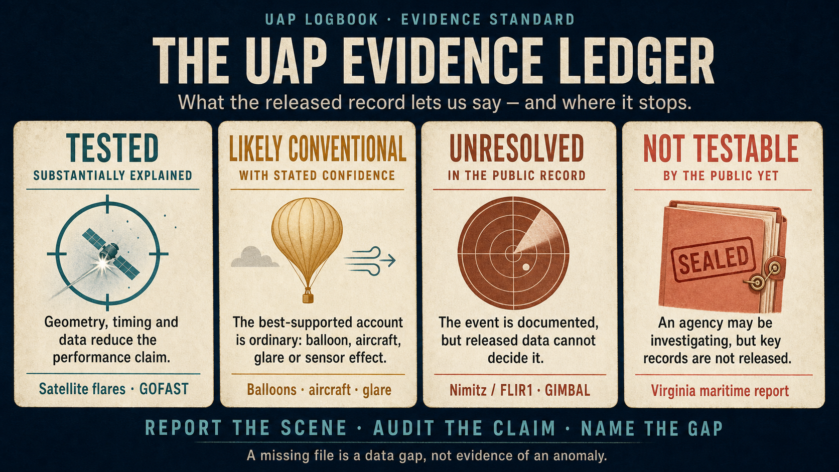 The UAP Evidence Ledger: four categories for public UAP evidence — tested and substantially explained, likely conventional, unresolved in the public record, and not publicly testable yet.