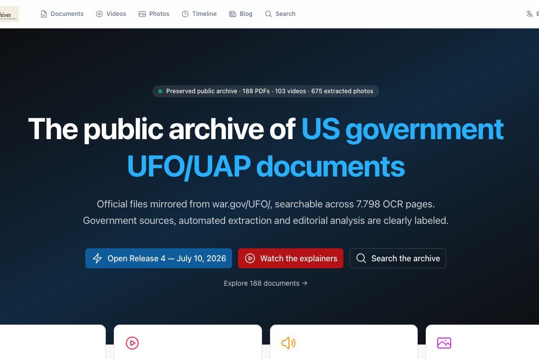 UAP Archives homepage showing its document, video, photo, timeline and search routes.