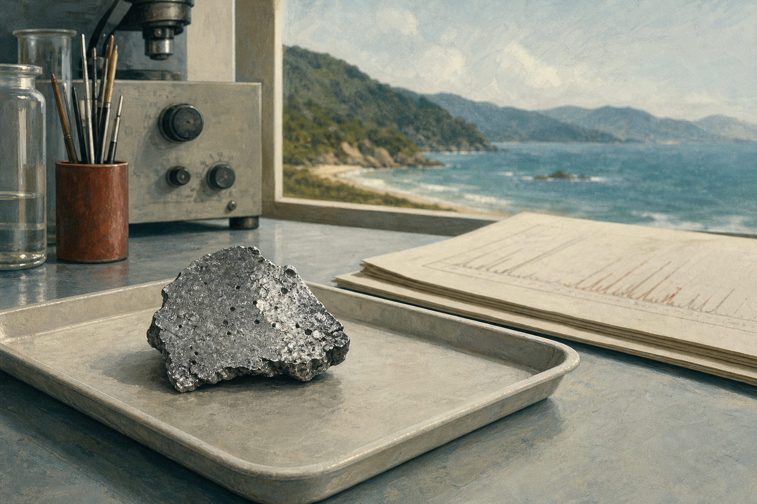 Editorial illustration of an irregular metallic fragment on a laboratory tray beside coastal research equipment.