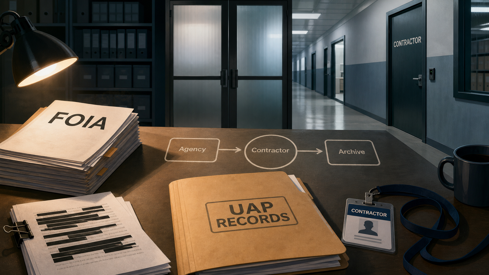 Editorial illustration of a FOIA records desk with a UAP Records folder, redacted pages, an agency-to-contractor-to-archive flow chart, and a door labeled Contractor.