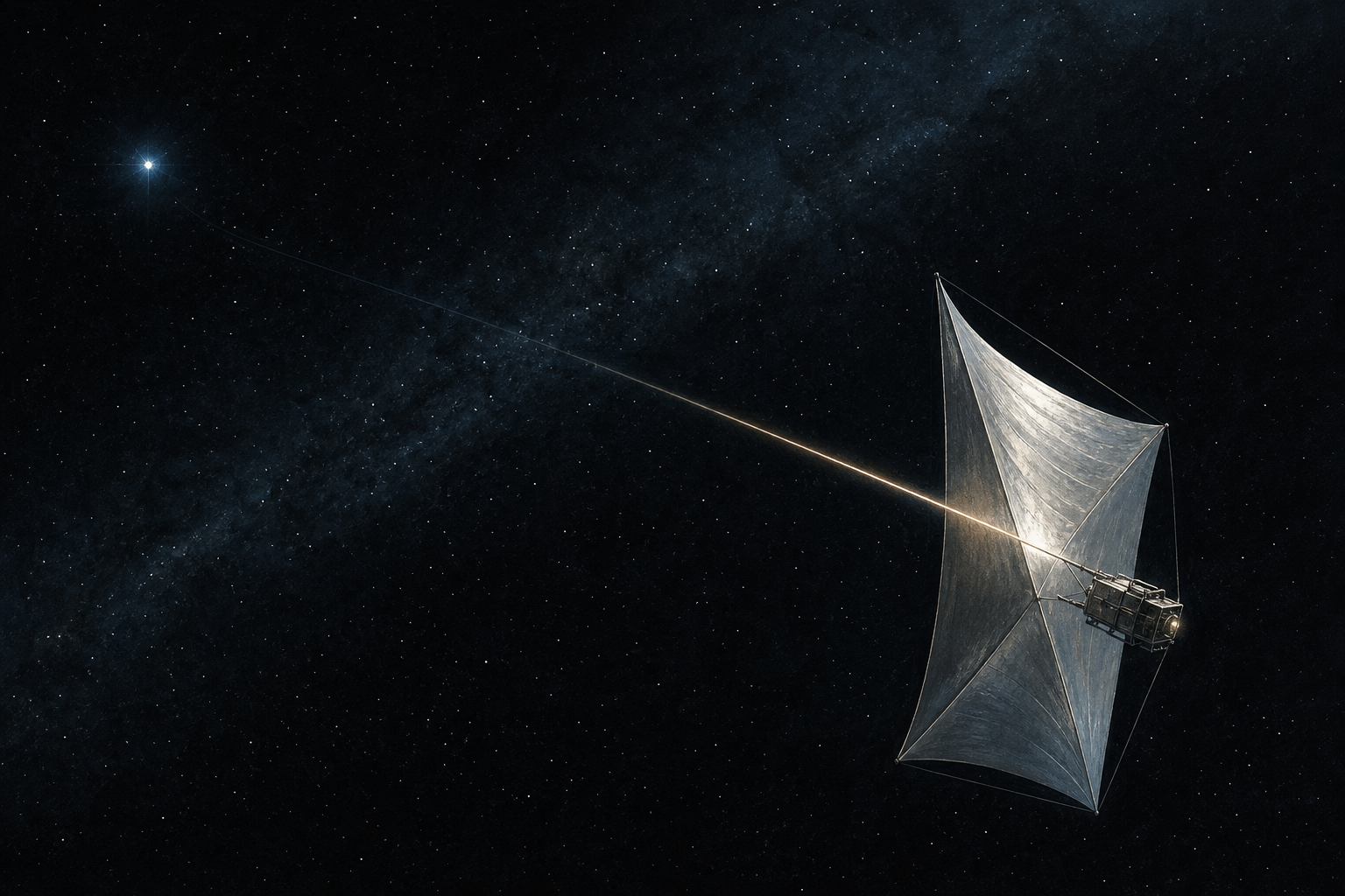 Painted editorial illustration of a small automated spacecraft crossing deep space on a reflective light sail, pushed by a narrow beam from a distant star.