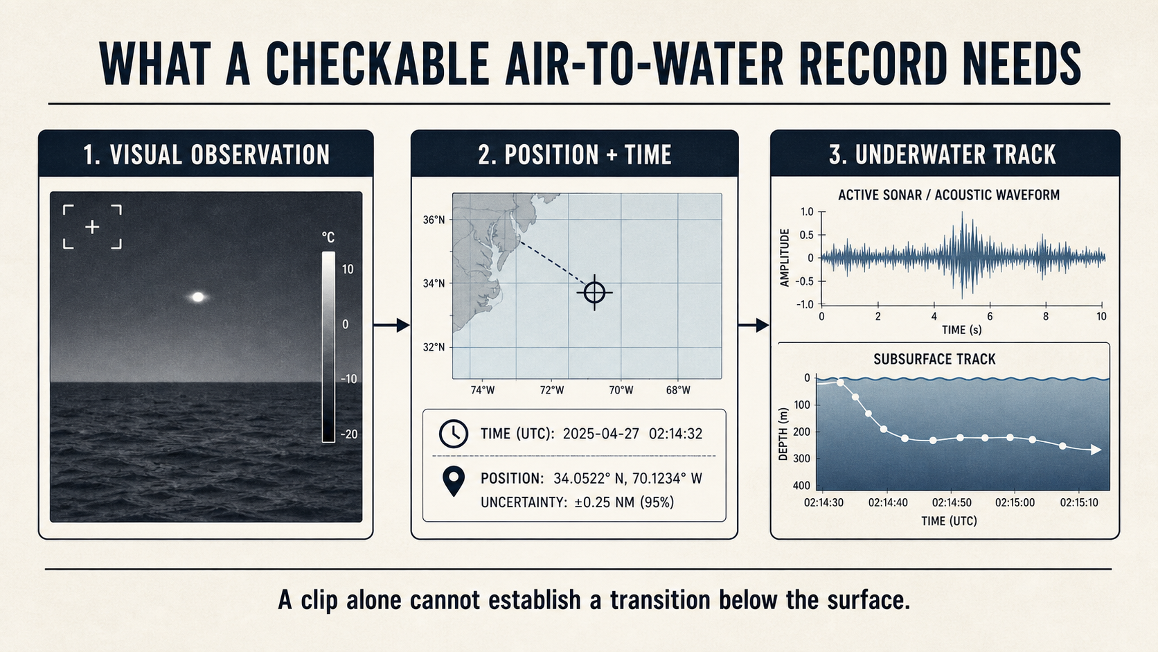 Editorial infographic showing the three evidence stages needed to evaluate an alleged air-to-water transition: an optical or infrared observation, position-and-time metadata, and an underwater track.