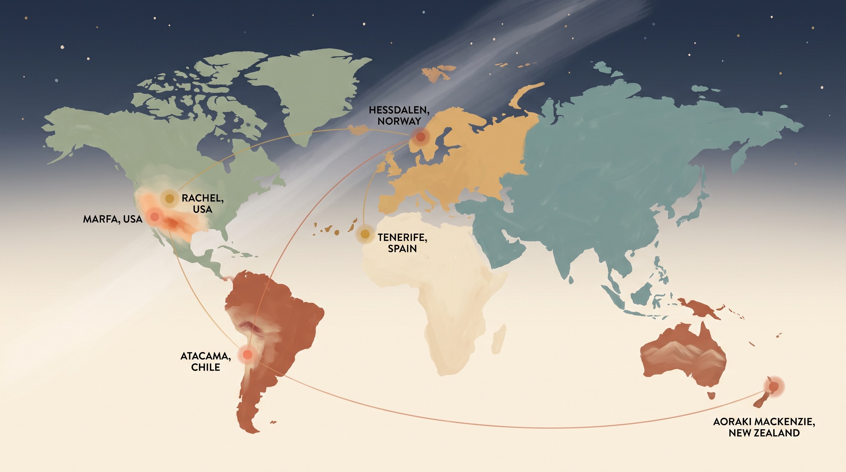 World map showing six dark-sky and UAP-active observation points: Marfa, Rachel, Hessdalen, Atacama, Tenerife, and Aoraki Mackenzie.