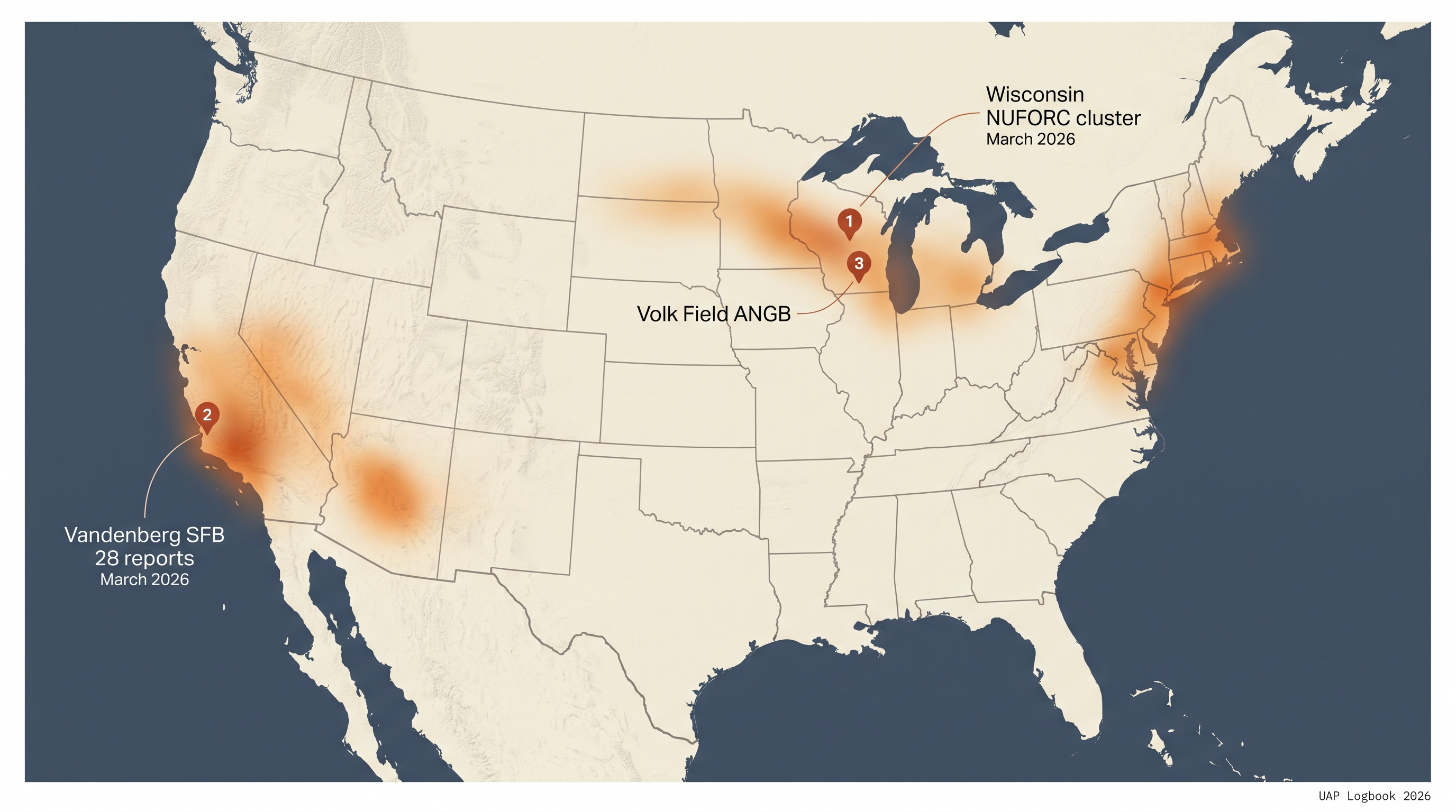 Editorial reporting-density map of the continental United States marking Wisconsin, Vandenberg SFB, and Volk Field ANGB as labeled nodes.