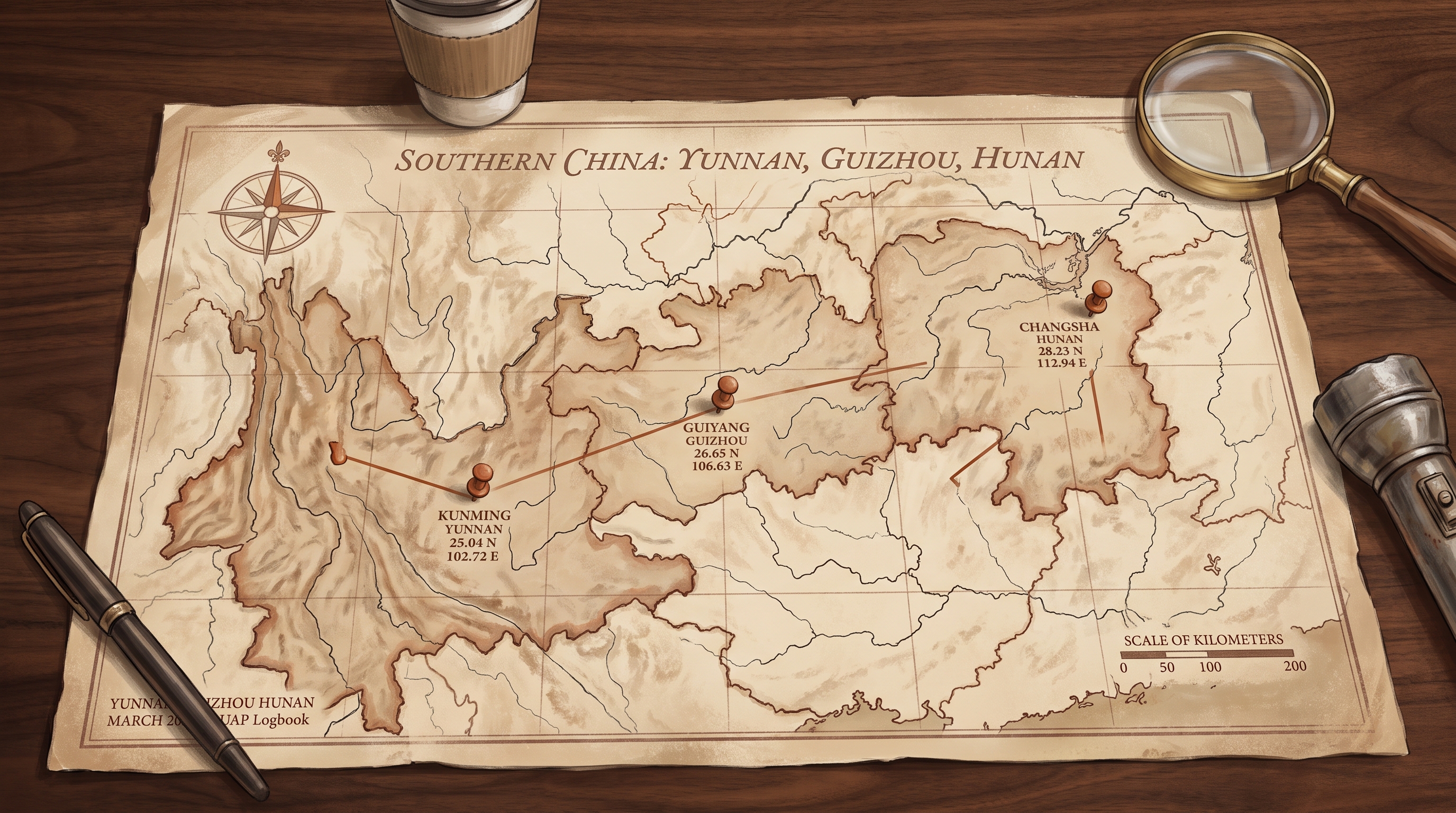 Editorial illustration of a sepia parchment map of southern China showing Yunnan, Guizhou, and Hunan provinces with three small rust pin markers at the named sighting clusters and a tracked caption.