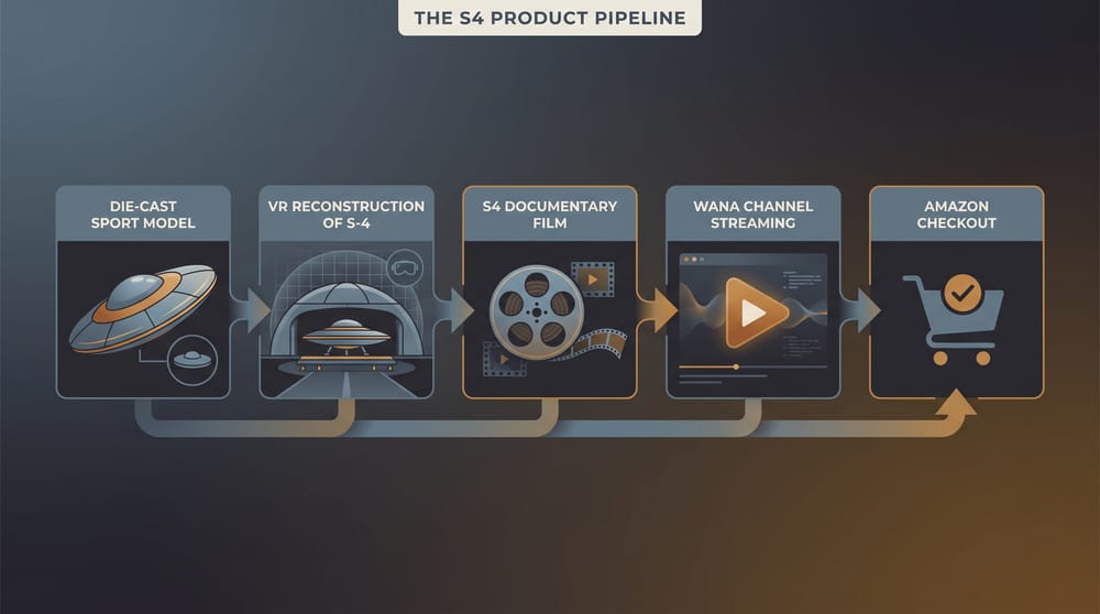 Editorial diagram of the S4 product pipeline: Die-cast Sport Model, VR reconstruction of S-4, the "S4" film on Amazon, the WANA Channel streaming platform, and the Project Gravitaur merch shop.