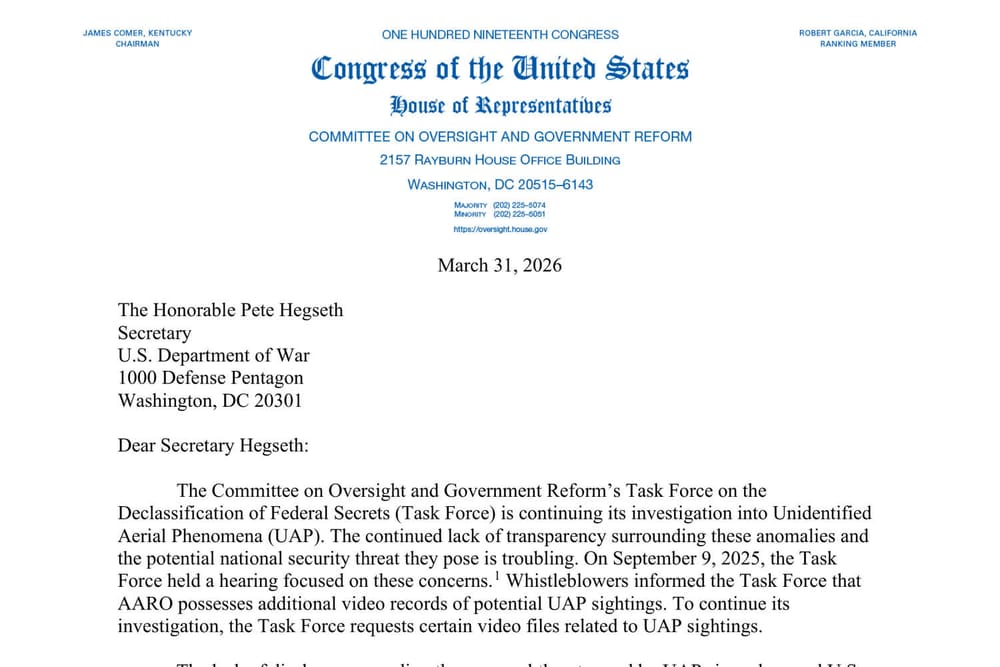 Official first-page excerpt of the March 31, 2026 House Oversight letter requesting UAP videos, addressed to Secretary Pete Hegseth.